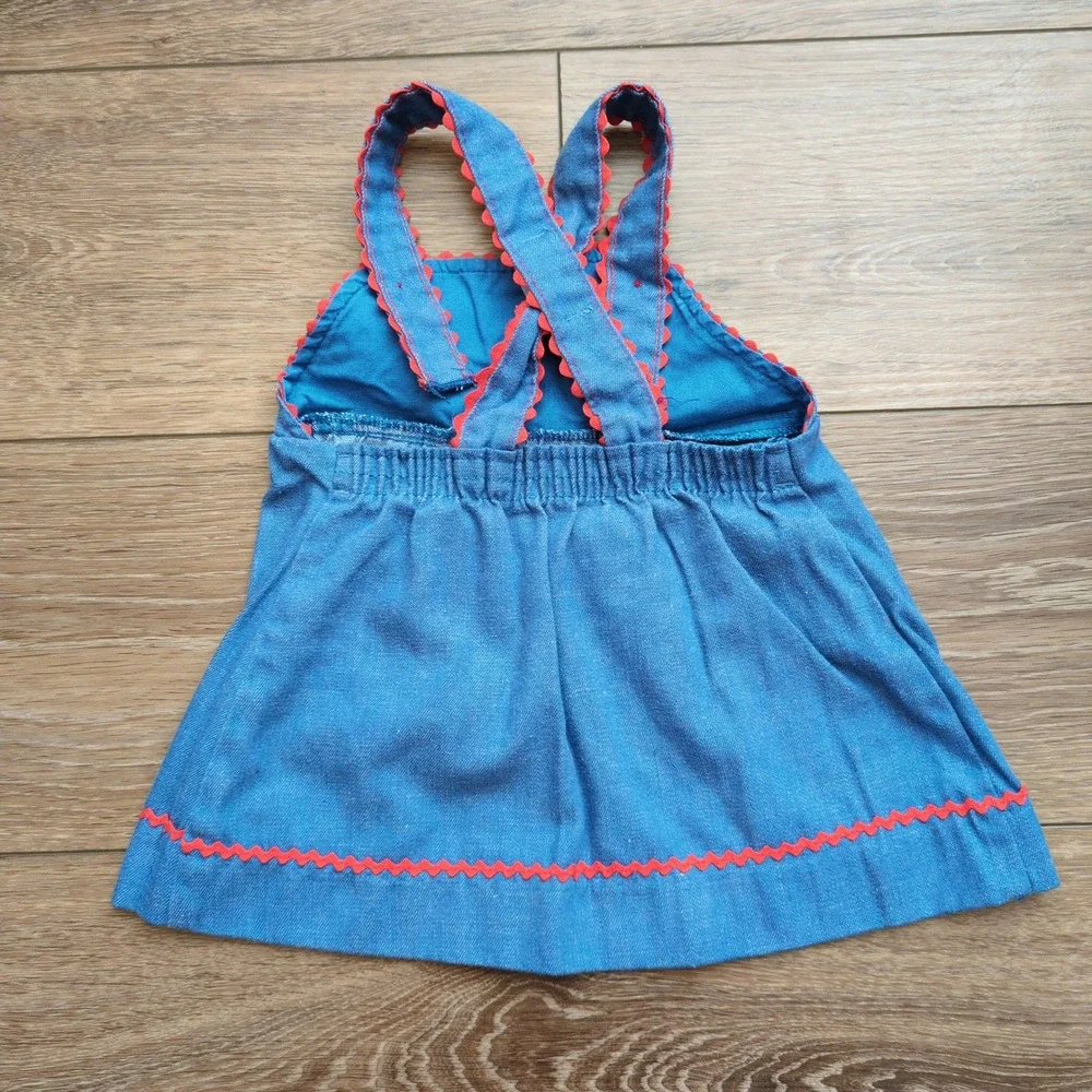 Vtg 80s Carters Denim Pinafore Overall Dress Shirt Floral Embroidery Toddler 24M